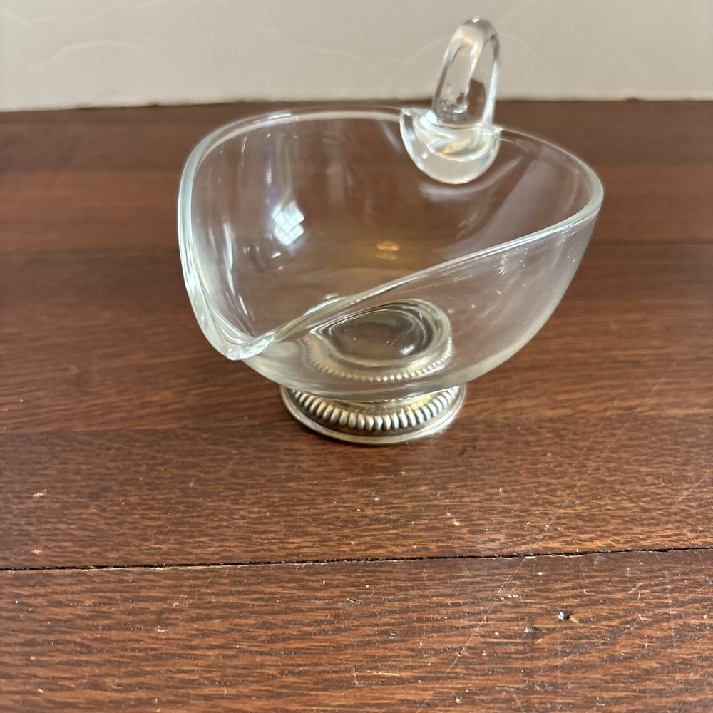 Gravy Boat with Sterling Silver‎ Base Sauce Server Heart Shaped Glass Marked